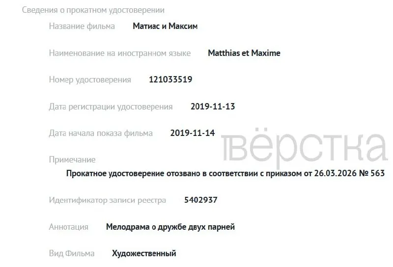 С 1 марта Министерство культуры лишило прокатных удостоверений по меньшей мере три зарубежных и четыре российских картины; причины в реестре не раскрываются.