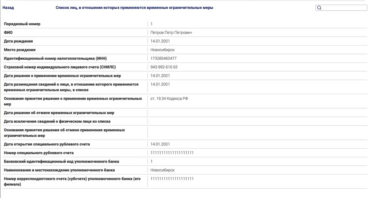 Новый реестр фиксирует меры к россиянам за пределами страны по политическим статьям; в тестовом примере приведена запись о не выплатившем штрафе.
